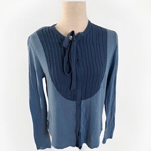Lucky Brand Size SMALL Blue Linen Tie Neck Colorblock Boho Pleated Long Sleeve